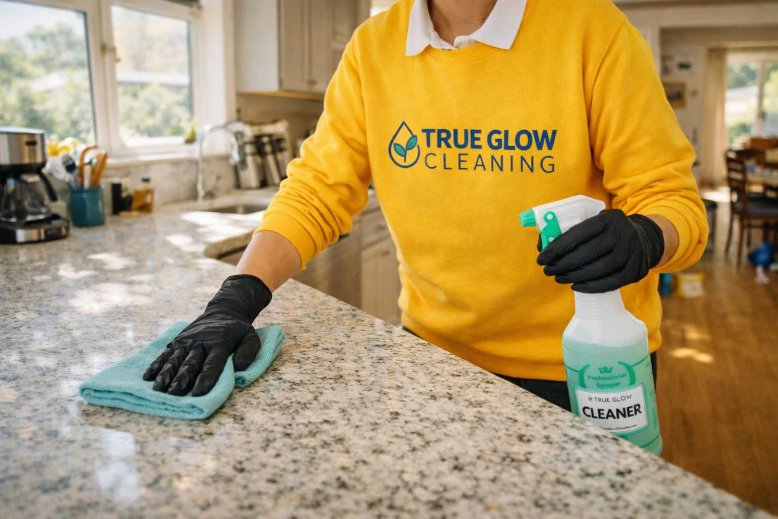 True Glow team member cleaning a kitchen counter