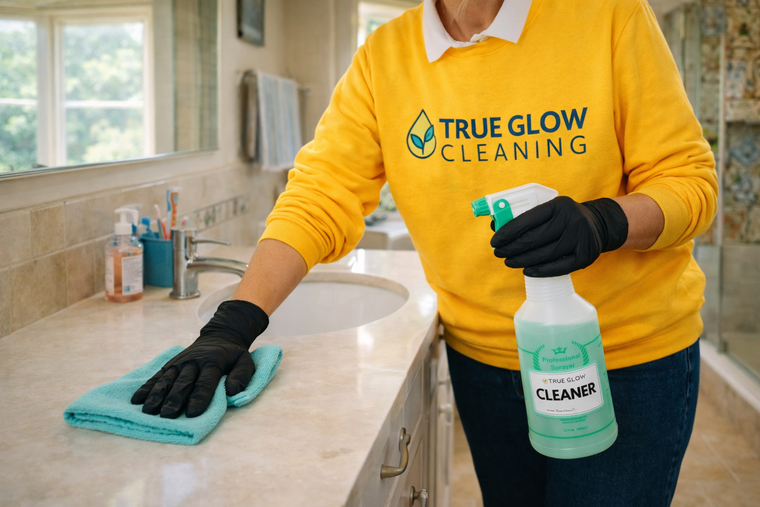 True Glow team member cleaning a bathroom